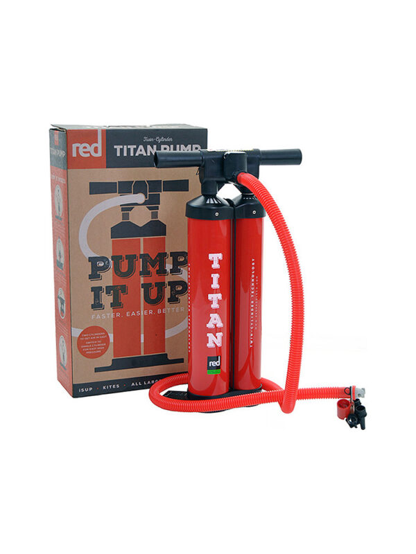 TITAN PUMP We prefer spending our time paddling rather than pumping so we developed the Titan Pump. The Dual Cylinder system combined with the Hi Flo handle means you are in complete control of the time and energy required to inflate your board. It puts the volume into your board faster and reduces the effort required to reach a higher pressure. A revolution in pumping technology! The Titan Pump. The world’s first purpose built, double chamber SUP pump – designed to cut the amount of time and effort it takes to inflate you board by half. It comes with almost every board in the Red Paddle Co Range and, despite looking the same has been constantly re-designed since its inception to make it as efficient as possible. Constant innovation has meant we have tested the absolute boundaries of inflation technology and as such are confident there is nothing quite like the Titan pump. What’s more, it now comes with attachments to enable you to inflate anything from boards, to kites, airbeds and boats! The Titan Pump. It’s pumping made easy.